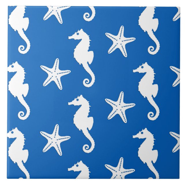 Azulejo De Cerámica Caballo de mar y pez estrella - blanco sobre azul  (Frente)