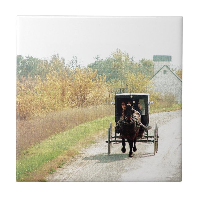 Azulejo De Cerámica Caballo y buggy Amish de otoño (Frente)