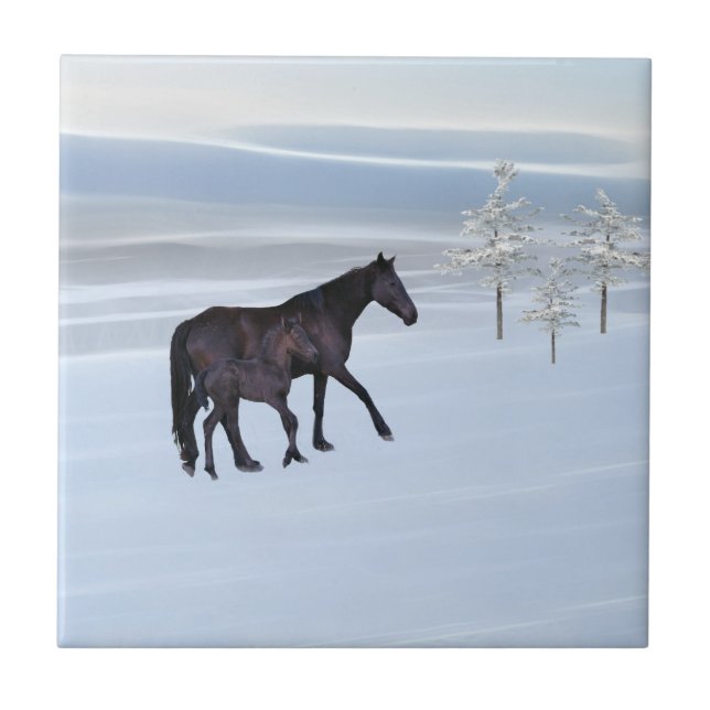 Azulejo De Cerámica Caballo y potro en la nieve (Frente)