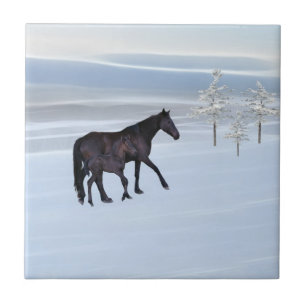 Azulejo De Cerámica Caballo y potro en nieve