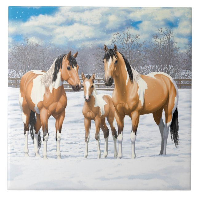 Azulejo De Cerámica Caballos de pintura de piel negra en nieve (Frente)