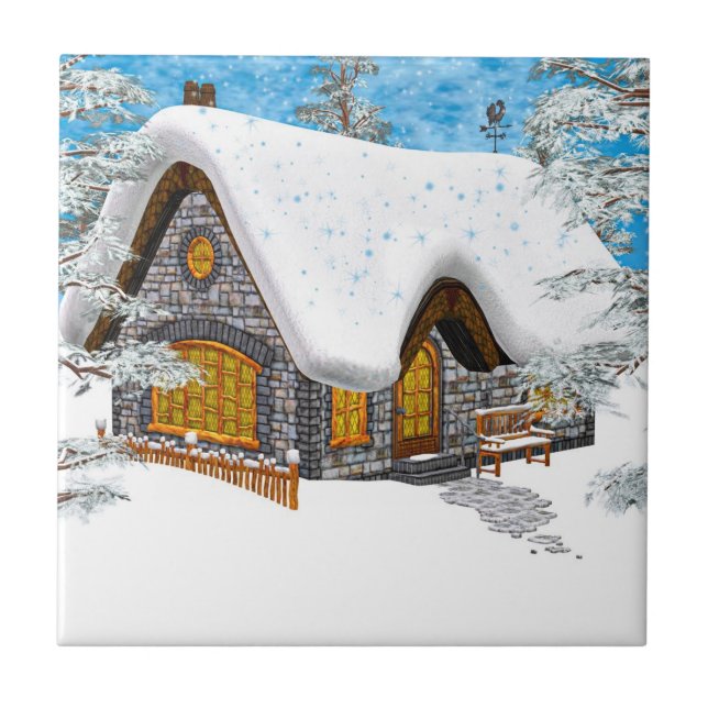 Azulejo De Cerámica Cabaña de invierno (Frente)