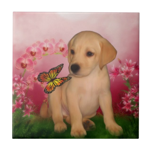 Azulejo De Cerámica Cachorro de Labrador Retriever Amarillo Mariposas  (Frente)