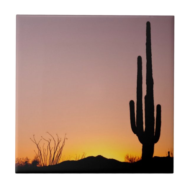 Azulejo De Cerámica Cactus del Saguaro en la puesta del sol (Frente)