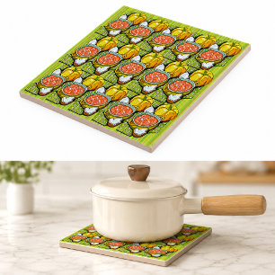 Azulejo De Cerámica Calabazas, Sopa y Fondo de Rayas
