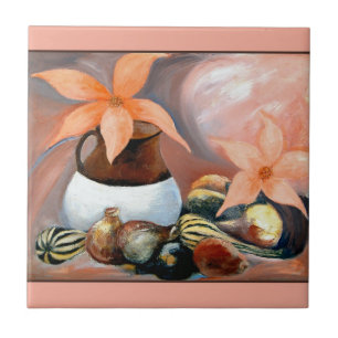 Azulejo De Cerámica Calabazas y flores -