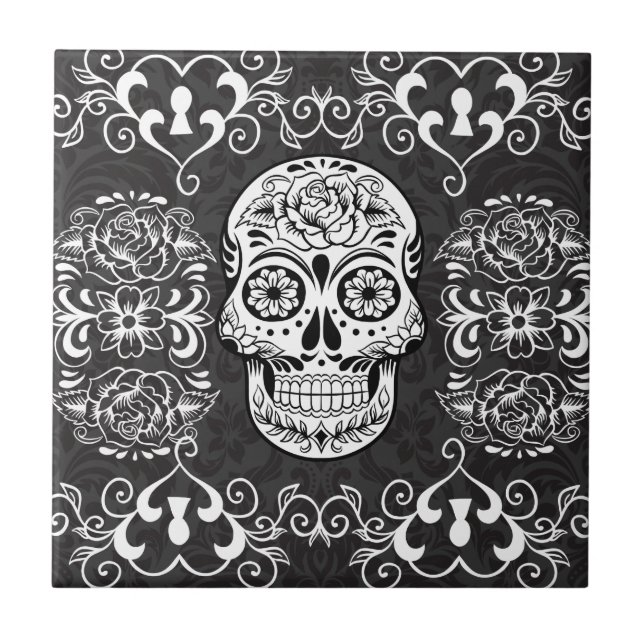 Azulejo De Cerámica Calavera de azúcar decorativa Grunge gótico blanco (Frente)