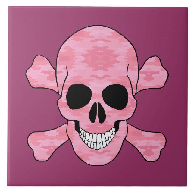 Azulejo De Cerámica Calavera De Camuflaje Rosado Y Mosaico (Frente)