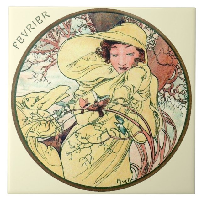 Azulejo De Cerámica Calendario febrero de Nouveau Mucha del arte (Frente)