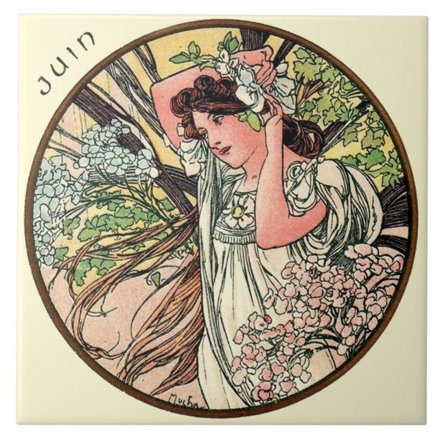 Azulejo De Cerámica Calendario junio de Nouveau Mucha del arte (Frente)