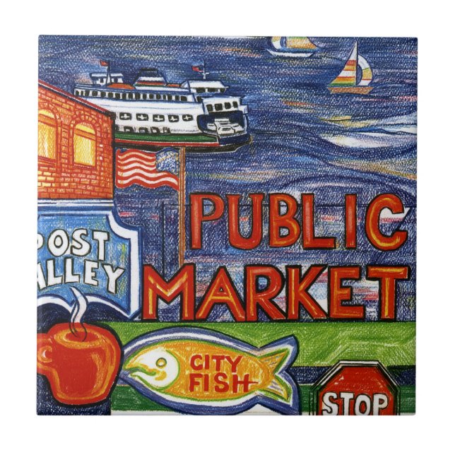 Azulejo De Cerámica Callejón del poste con el transbordador (Frente)