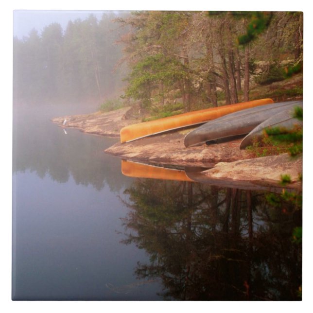 Azulejo De Cerámica Camping Foggy Canoe, Lago Kawnipi, (Frente)