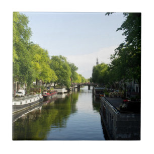 Azulejo De Cerámica Canal de Ámsterdam con casitas flotantes Países Ba