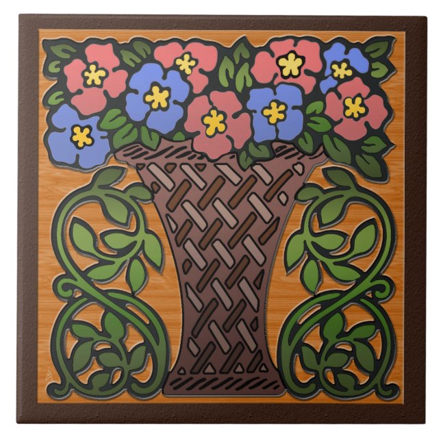 Azulejo De Cerámica Canasta de artesanías de Petunias (Frente)