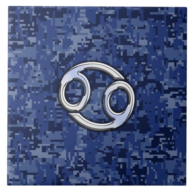 Azulejo De Cerámica Cáncer de plata Rótulo zodiaco marina azul camo di (Frente)