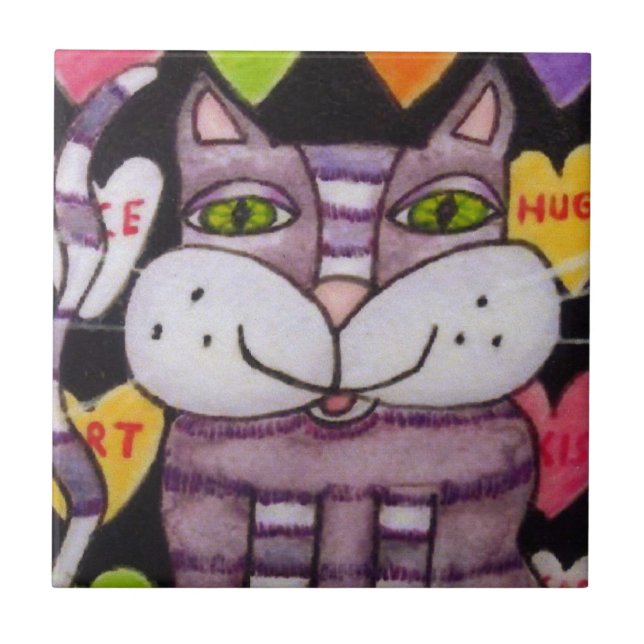 Azulejo De Cerámica Candy Heart Purple Cat Valentine (Frente)