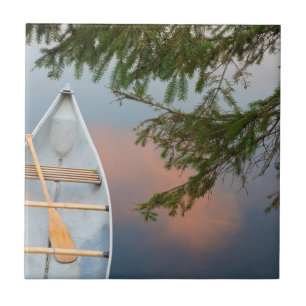 Azulejo De Cerámica Canoa en el lago al atardecer, Canadá