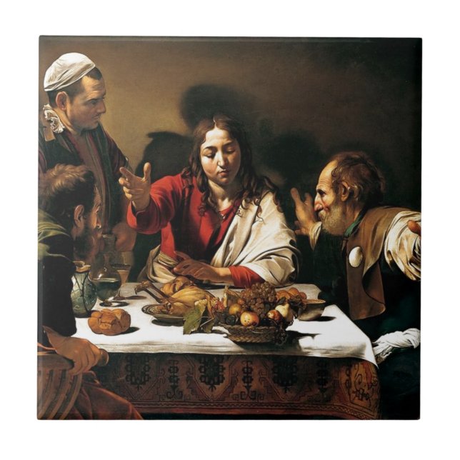 Azulejo De Cerámica Caravaggio - cena en Emmaus - pintura clásica (Frente)