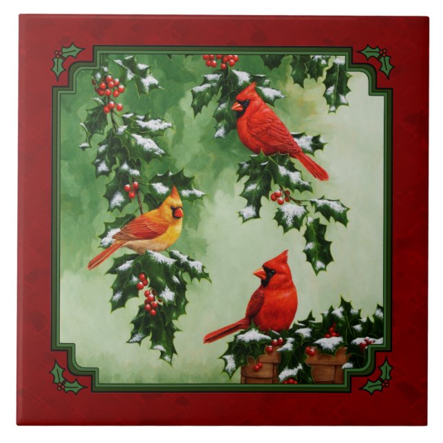Azulejo De Cerámica Cardenales del norte y rojo holly (Frente)