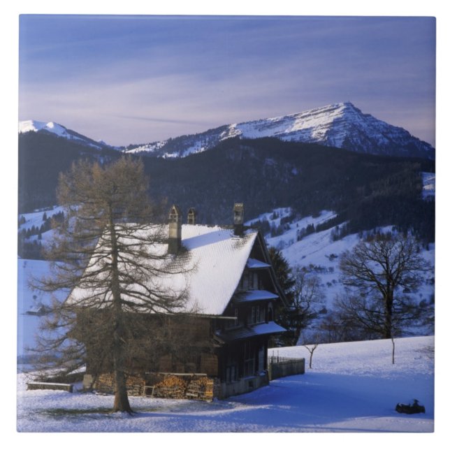 Azulejo De Cerámica Casa de granja y Monte Rigi y Pilatus, (Frente)