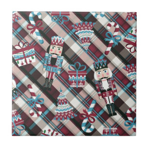 Azulejo De Cerámica Cascanueces de Navidad a Cuadros Azul Burgundy