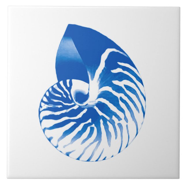 Azulejo De Cerámica Cáscara del nautilus - azul y blanco de cobalto (Frente)