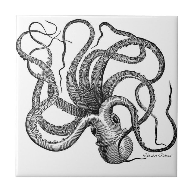 Azulejo De Cerámica Cerámica blanco y negro del pulpo (Frente)