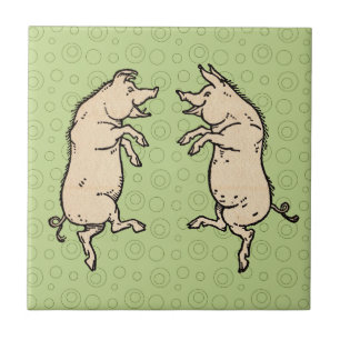Azulejo De Cerámica Cerdos Antiguos Bailando: Travieso Jig de Cerdito