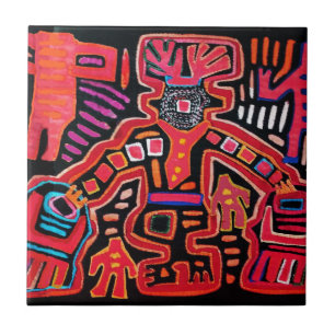 Azulejo De Cerámica Chamán tribal Cuna con abanicos