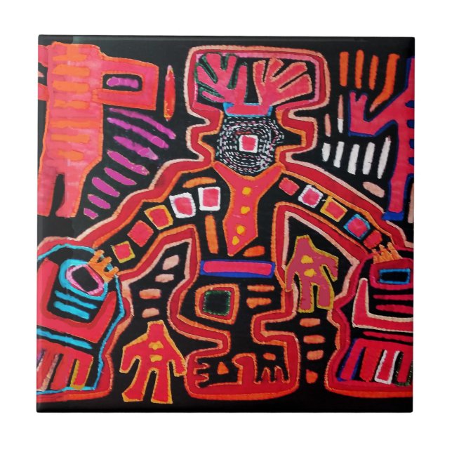 Azulejo De Cerámica Chaman Tribal Indio Cuna Con Hinchas (Frente)