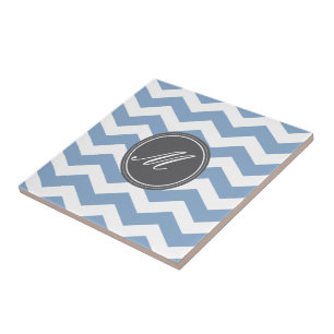 Azulejo De Cerámica Chevron azul con mosaicos de monograma