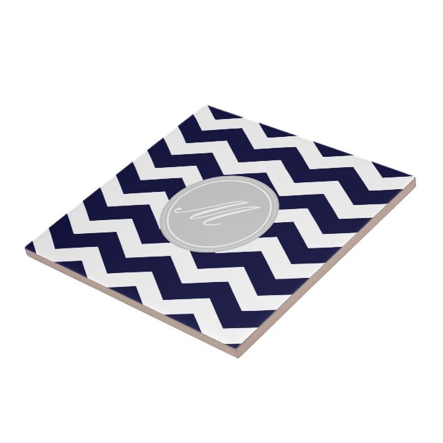 Azulejo De Cerámica Chevron azul marino con mosaicos monográficos (Lado)