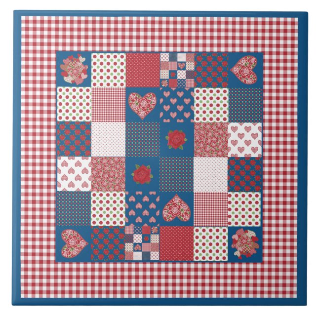 Azulejo de cerámica chic: falso patchwork y gingha (Frente)