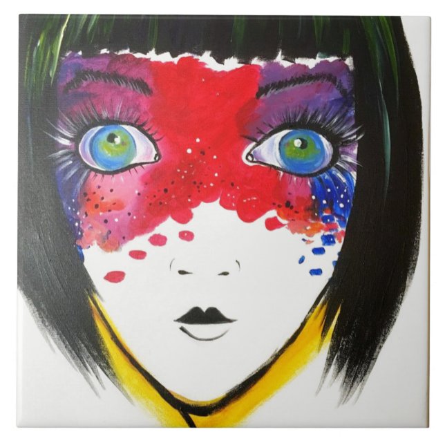 Azulejo De Cerámica Chica con mosaico de cerámica de ojos azules (Frente)