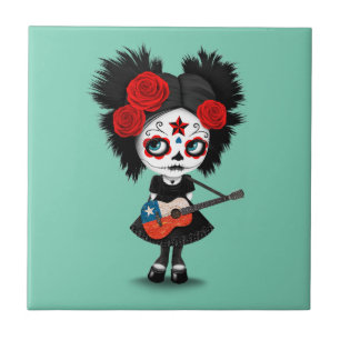 Azulejo De Cerámica Chica del cráneo del azúcar que toca la guitarra