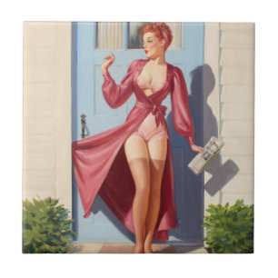 Azulejo De Cerámica Chica del Pin-Up del Periódico Matutino
