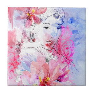 Azulejo De Cerámica Chica hermoso con un ramo de flores
