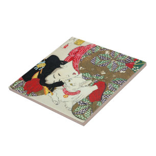 Azulejo De Cerámica Chica japonés con el gato, Tsukioka Yoshitoshi