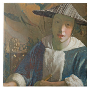 Azulejo De Cerámica Chica joven con una flauta, c.1665-70