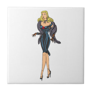 Azulejo De Cerámica Chica Retro Rubia Pinup con Glamour Antiguo