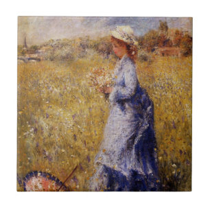 Azulejo De Cerámica Chica reuniendo flores por Renoir