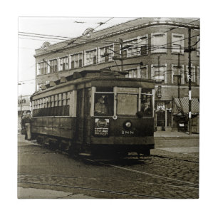 AZULEJO DE CERÁMICA CHICAGO 63 Y OCCIDENTE 1952 TROLLEY ART SEPIA