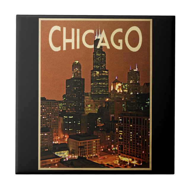 Azulejo De Cerámica Chicago De Noche (Frente)