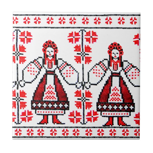 Azulejo De Cerámica Chicas ucranianos tradicionales del bordado (Frente)