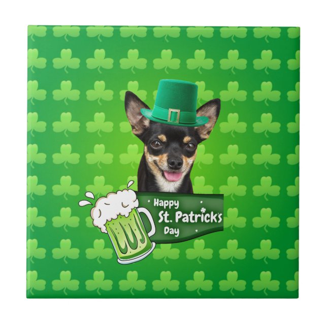 Azulejo De Cerámica Chihuahua Cuppy Dog St. Patrick's Day Green Clover (Frente)