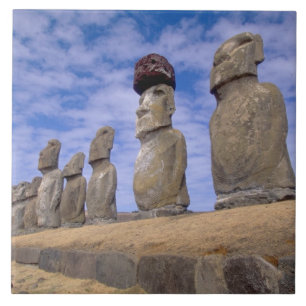 Azulejo De Cerámica Chile, Isla de Pascua. Los 15 Moais en Ahu