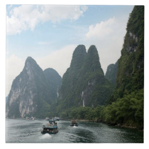 Azulejo De Cerámica China, Guilin, río Li, Barcos de río alineados