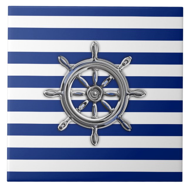 Azulejo De Cerámica Chrome Like Wheel on Nautical Stripes (Frente)