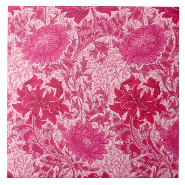 Azulejo De Cerámica Chrysanthemums de William Morris, rosa de Fuchsia (Frente)