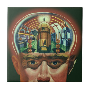 Azulejo De Cerámica Ciencia Ficción Vintage, Cerebro Alien en Laborato
